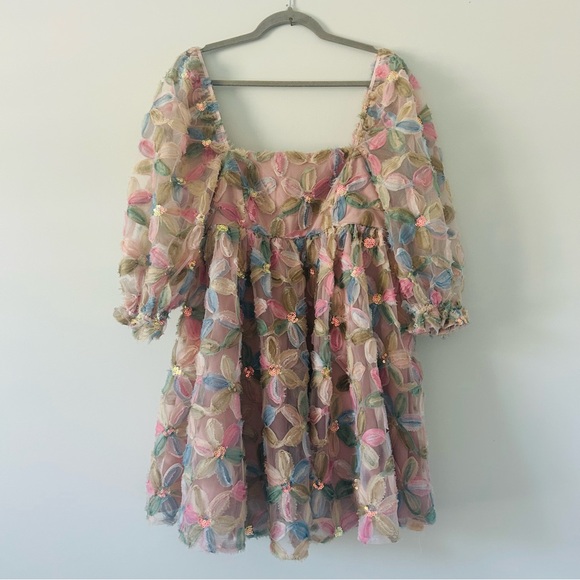 Storia Stacy Sequin Floral Multi Puffed Sleeve Sparkle Babydoll Mini Dress L - Picture 3 of 11